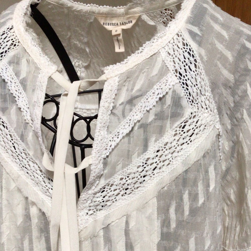 REBECCA TAYLOR Cream Silk Double Tie Neck Blouse, 0 - Picture 4 of 6